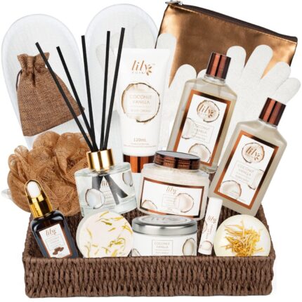 Mothers Day Coconut Vanilla Bath Spa Gift Basket Set for Women 17pcs Bath and Body Gifts Basket For Women and Men Spa Gift Set for Christmas Birthday Gifts for Women Works Self Skin Care Gifts Set