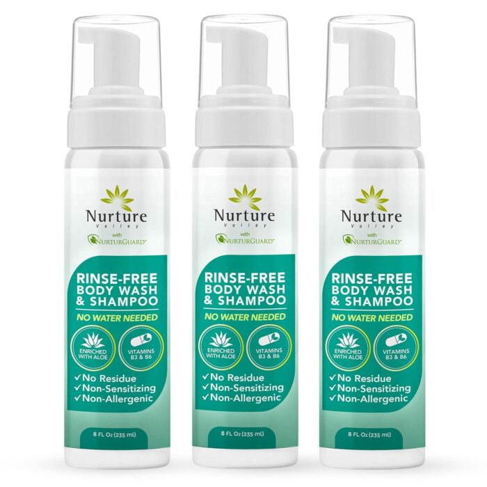 Nurture Rinse Free Body Wash & Shampoo w/Aloe | Hospital Grade Hair & Body Waterless Cleansing Foam | Women, Camping, Elderly & Hospital Patients | Shower Bath & Hand Soap for Sensitive Skin