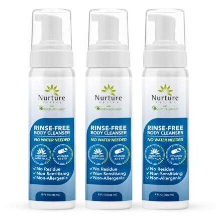 Nurture Rinse Free Waterless Foaming Cleanser | Women, Camping, Elderly & Hospital Care | Waterless Shower & Bath Wash w/Aloe for Sensitive Dry Skin | Perineal Cleansing Foam, Hand & Body Soap (3)