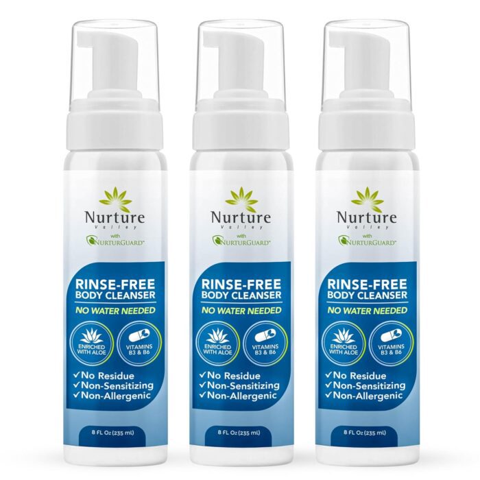 Nurture Rinse Free Waterless Foaming Cleanser | Women, Camping, Elderly & Hospital Care | Waterless Shower & Bath Wash w/Aloe for Sensitive Dry Skin | Perineal Cleansing Foam, Hand & Body Soap (3)