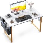 ODK Study Computer Desk 40 inch Home Office Writing Small Desk, Modern Simple Style PC Table with Storage Bag and Headphone Hook, White Marble + Gold Leg