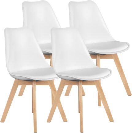 OLIXIS Dining Chairs Set of 4, Mid-Century Modern Dining Chairs with Wood Legs and PU Leather Cushion, Kitchen Chairs for Living Room Bedroom Outdoor Lounge, White