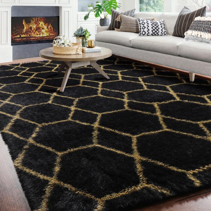 ONASAR Geometric Fluffy Area Rug for Living Room Bedroom, 6x9 Black and Gold Rug, Modern Shag Plush Rugs for Classroom, Apartment, Office, Home Decor, Large Cool Moroccan Rug, Thick Furry Carpet