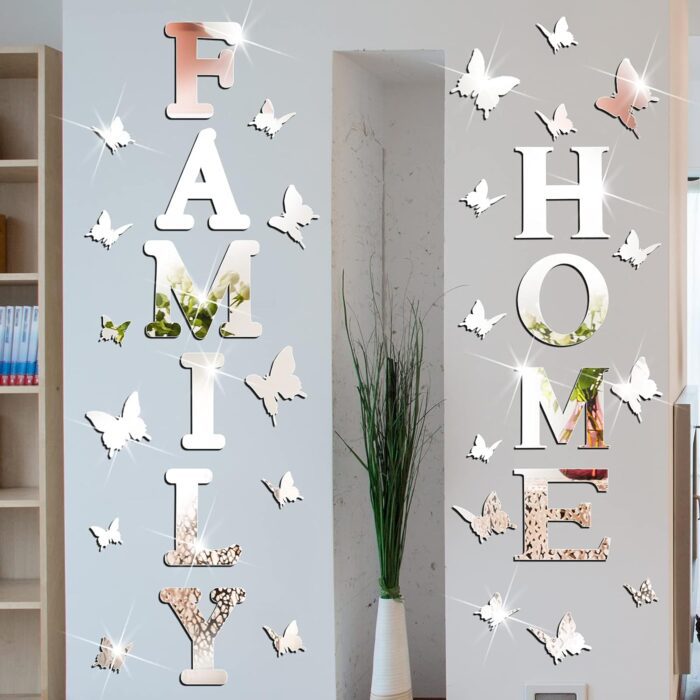 Outus 3D Family Home Sign Letters Living Room Decor Family Rustic Farmhouse Wall Decor Acrylic Mirror Decorative Butterfly Mirror Wall Sticker Decals for Living Room Bedroom Kitchen (Silver)