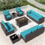 Patio Furniture Sectional Sofa Set 13-Pieces PE Rattan Swivel Rocking Chairs Patio Conversation Set w/43in Gas Fire Pit Table, Outdoor Furniture with 55000 BTU Propane Fire Pit, Blue