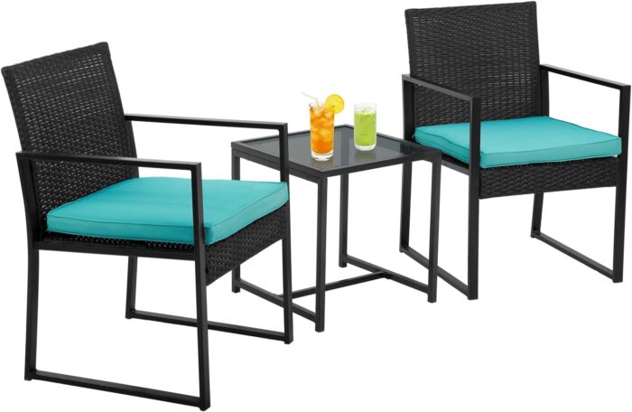 PayLessHere 3-Piece Rattan Wicker Bistro Set Outdoor Conversation Set Sturdy Frame Wicker Furniture with 2 Chairs Cushions Tempered Glass Table for Poolside Balcony Patio Bar Garden (Blue)