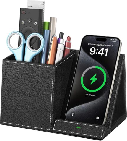 Pen Holder for Desk, Desk Organizer with Wireless Charger, Pen Holder Phone Stand for Desktop Storage, Multi-Functional Pencil Organizer, Desk Organizers and Accessories for Home Office Supplies