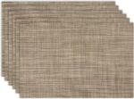 Placemats Set of 6 Washable Indoor/Outdoor Vinyl Place Mats for Dining Table Durable Non-Slip Heat Resistant PVC Weave Table Mats（Khaki）