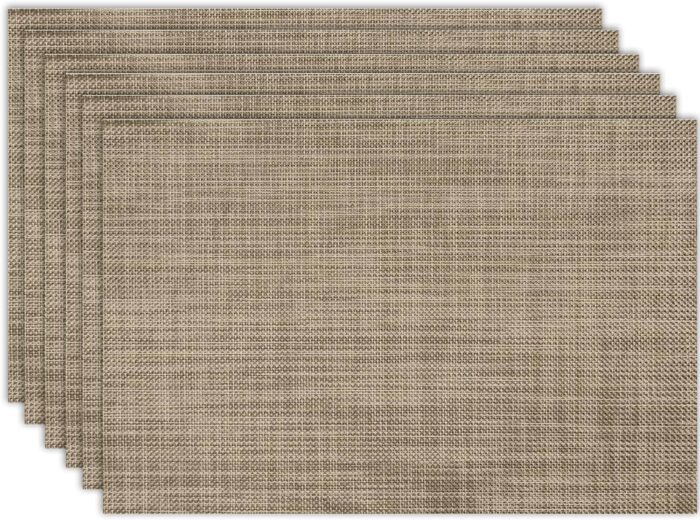 Placemats Set of 6 Washable Indoor/Outdoor Vinyl Place Mats for Dining Table Durable Non-Slip Heat Resistant PVC Weave Table Mats（Khaki）