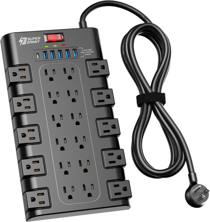 Power Strip, SUPERDANNY Surge Protector with 22 AC Outlets and 6 USB Charging Ports, 1875W/15A, 2100 Joules, 6.5Ft Flat Plug Heavy Duty Extension Cord for Home, Office, Dorm, Gaming Room, Black