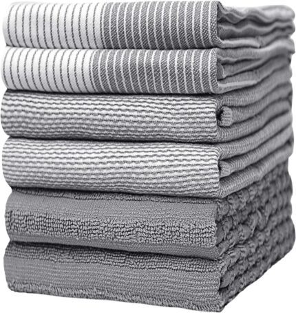 Premium Kitchen,Hand Towels (20”x 28”, 6 Pack) Large Cotton, Dish, Flat & Terry Towel Highly Absorbent Tea Towels Set with Hanging Loop Gray