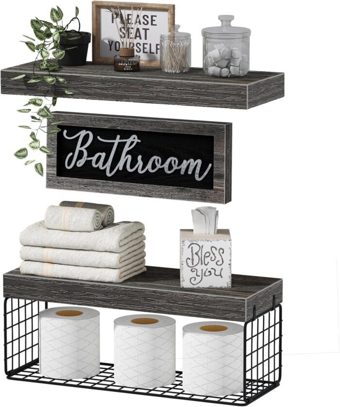 QEEIG Bathroom Furniture Sets, Shelves Over Toilet Bathroom Decor Farmhouse Decorations Aesthetic Décor Sign Small Wall Shelf 2+1 Set 16 inch, Grey