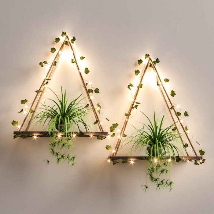 RICHER HOUSE Artificial Ivy LED-Strip Wall Hanging Shelves Set of 2, Macrame Shelf for Bedroom Bathroom Living Room Kitchen, Wood Hanging Plant Shelves for Wall Décor