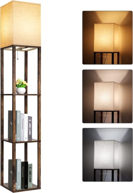 RUNTOP Floor Lamp with Shelves, Modern Shelf Lamp for Display Storage, 3 Color Temperature Wood Narrow Standing Corner Lamp with 8W Bulb for Living Room Decor, Bedroom, Office, Home Decor(Brown)