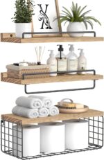 RYOFOBETTO Bathroom Shelves, Floating Shelves Over Toilet Paper Holder, Wall Mounted Rustic Wood Storage Basket Shelves for Bedroom, Living Room & Kitchen, Set of 3 (Light Brown)