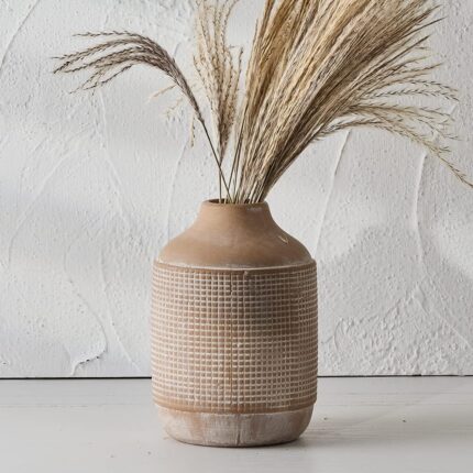 SIDUCAL Ceramic Rustic Farmhouse Vase, Sand Glaze Finish Boho Vase, Pottery Decorative Flower Vase for Home Decor, Table, Living Room Decoration, Shelf Decor, Mantel, 7 Inch, Beige