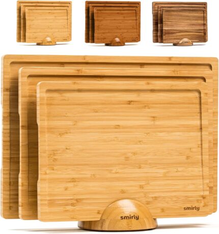 SMIRLY Wooden Cutting Boards For Kitchen - Bamboo Cutting Board Set with Holder, Wood Cutting Board Set, Cutting Board Wood, Wooden Chopping Board, Wooden Cutting Board Set