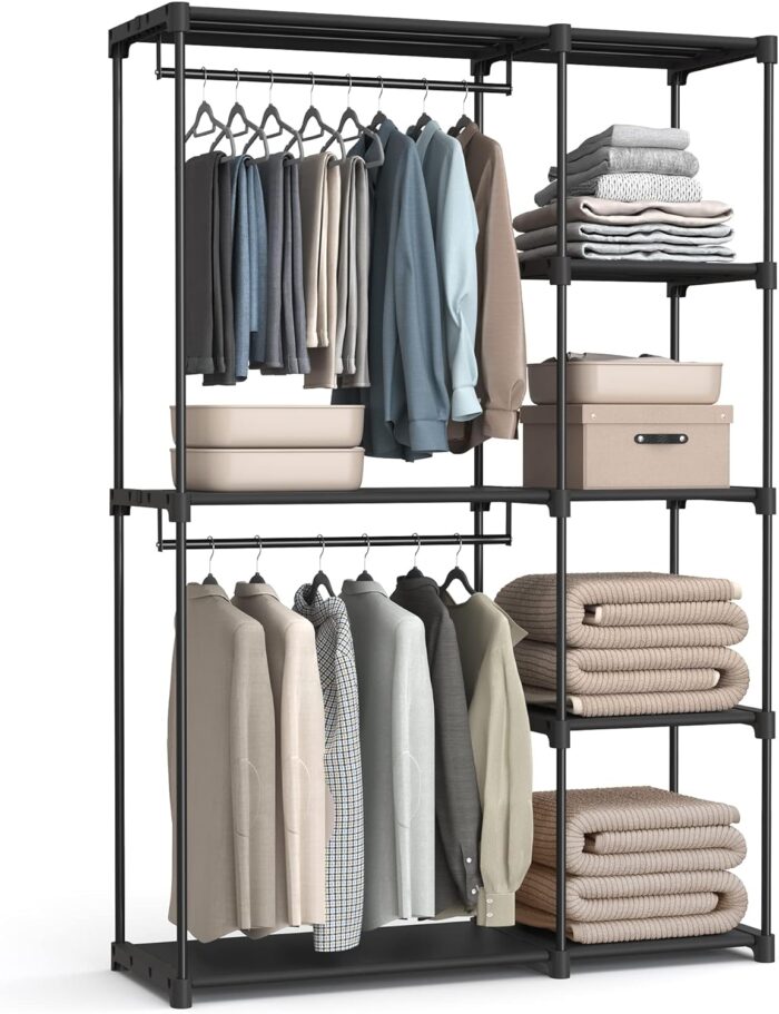 SONGMICS Portable Closet, Freestanding Closet Organizer, Clothes Rack with Shelves, Hanging Rods, Storage Organizer, for Cloakroom, Bedroom, 48.8 x 16.9 x 71.7 Inches, Black URYG026B02