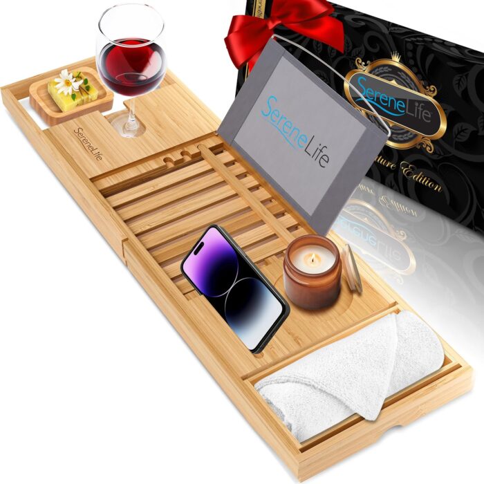 SereneLife Bamboo Bathtub Caddy with Luxury Gift Box and Red Gifting Ribbon Extendable & Adjustable Tray with Device/Book Holder with Removable Trays for Bath Accessories (Natural)