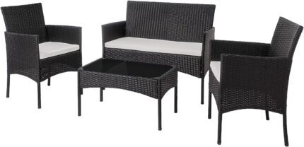 Shintenchi 4 Piece Outdoor Patio Furniture Sets, Small Wicker Patio Conversation Furniture Rattan Chair Set with Tempered Glass Coffee Table for Backyard Porch Garden Poolside Balcony, Black