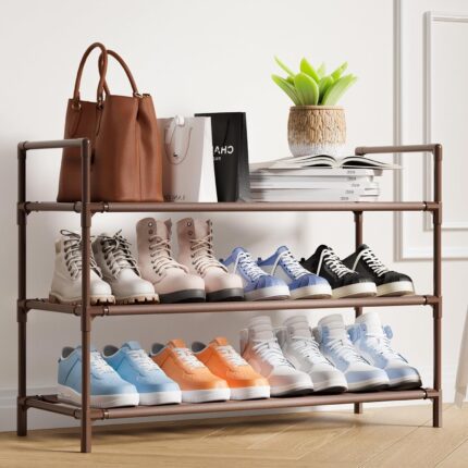 Shoe Rack - LARGE Shoe Organizer, 3-Tier Shoe Storage Rack, Sturdy Shoe Rack for Closet, Garage & Corridor, Stackable Shoe Rack for Entryway, Brown