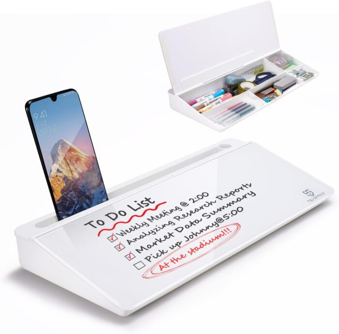 Small Glass Desktop Whiteboard Dry-Erase-Board - Computer Keyboard Stand White Board Surface Pad with Drawer, Desk Organizers with Accessories for Office, Home, School Supplies