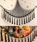 Stuffed Animal Net or Hammock - Hanging Stuffed Animal Hammock Storage - Toy Hammock Holder Boho Wall Corner Hammock Organizer inc LED Light and Hooks, Black