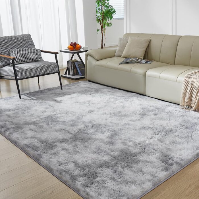 Super Soft Rugs for Living Room, 4X6 Fluffy Shag Area Rugs, High Pile Soft Carpet for Bedroom and Kids Room, Home Decor, Tie-Dyed Light Grey