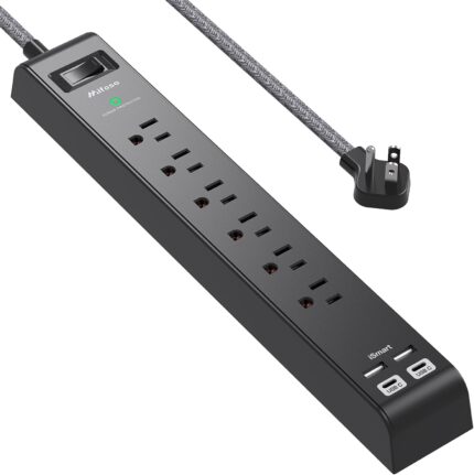 Surge Protector Power Strip 10 ft with 4 USB Ports 2 USB-C 6 AC Outlets, Flat Plug Extension Cord, USB Charging Station, Wall Mountable for Home, Office, Dorm Essentials, 1080J, ETL Listed, Black