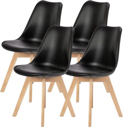 Sweetcrispy Dining Chairs Set of 4, Mid Century Modern Dining Room Chairs, PU Leather Upholstered Chairs with Wood Legs, Living Room Bedroom Lounge Kitchen Chairs, Black