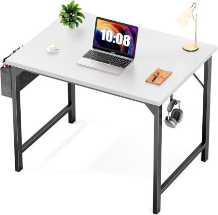 Sweetcrispy Small Computer Office Desk 32 Inch Kids Student Study Writing Work with Storage Bag & Headphone Hooks Modern Simple Home Bedroom PC Table