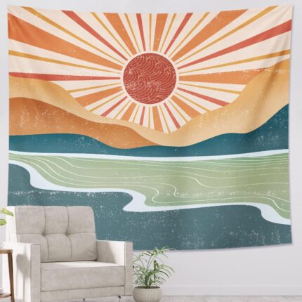 TPHIHPT Green Bohemian Mountain Tapestry Aesthetic Art Sunset Vintage Sun 70s Rainbow Tapestry for Bedroom Living Room Dorm Classroom Office Decor 71x92 Inch