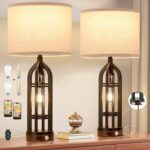 Table Lamp for Living Room - Lamps Set of 2 with USB C+A & Outlet, 3-Way Dimmable Farmhouse Lamps for Night Stands, Rustic Bedside Lamp for End Tables, Industrial Nightstand Lamps for Bedroom