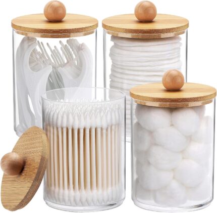 Tbestmax 4 Pack Qtip Holder, 10-Ounce Bathroom Organizer Accessories Storage Containers Clear Plastic Apothecary Jars with Bamboo Lids for Cotton Ball, Cotton Swab, Floss