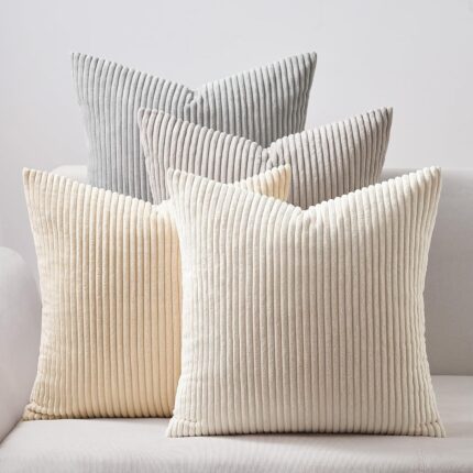 Topfinel 4 Packs Neutral Decorative Throw Pillows Covers 18x18 Inch for Living Room Couch Bed Sofa, Rustic Farmhouse Boho Home Decor, Soft Plush Striped Corduroy Square Cushion Case 45x45 cm