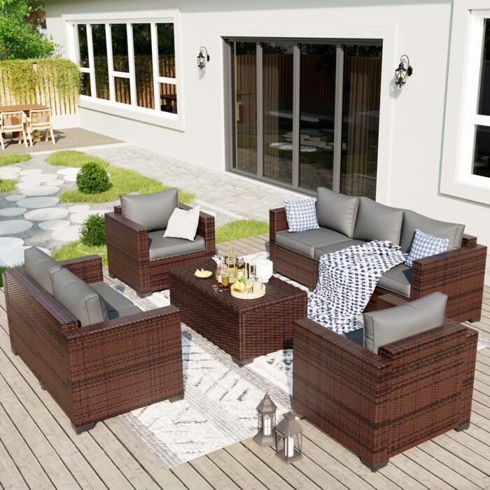 UDPATIO Outdoor Patio Furniture Set 5 Piece Wide Armrest Rattan Patio Sofa Sets w/Storage Table for Poolside Deck Backyard, Grey