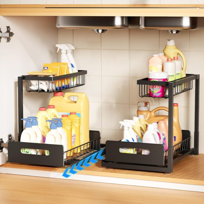 Under Sink Organizer 2 Pack,Pull Out Cabinet Organizer Shelf,Kitchen Bathroom Organizers and Storage with Sliding Drawer,Storage Shelves,Storage and organization for Home,Laundry Room,RV,Pantry,Spice