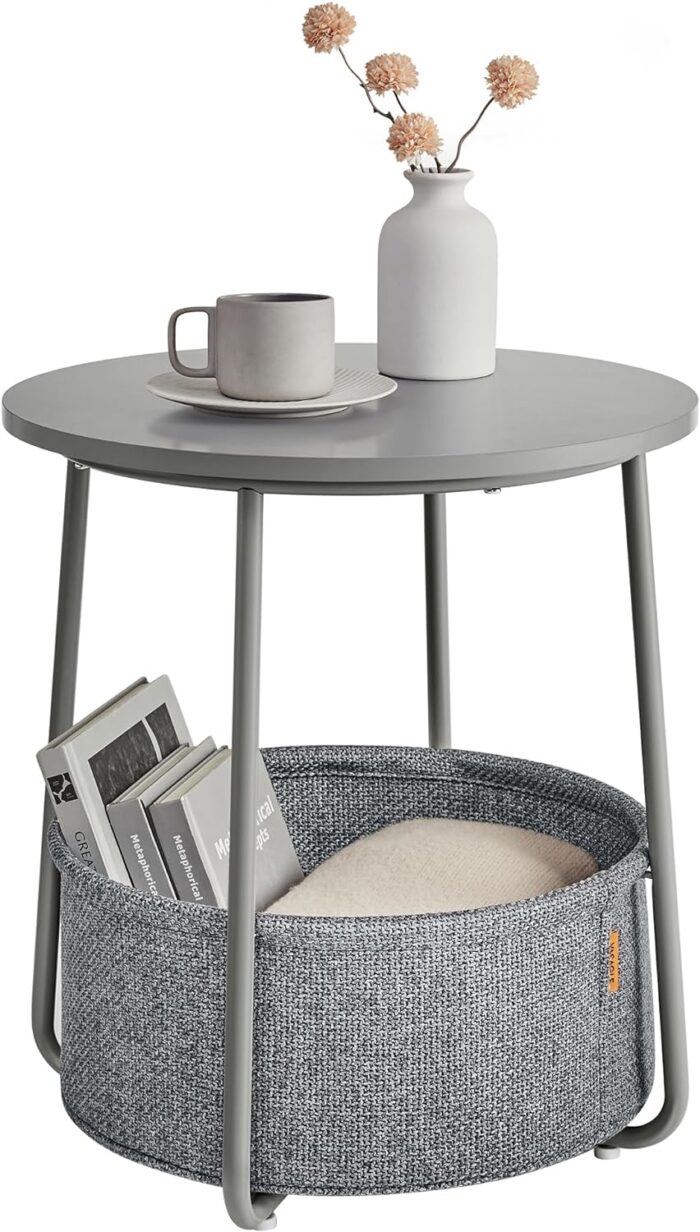 VASAGLE Small Round Side End Table, Modern Nightstand with Fabric Basket, Bedside Table for Living Room Bedroom,,Dove Gray and Slate Gray LET223G36