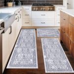 Vaukki Boho Kitchen Rug Sets 3 Pieces, Washable Kitchen Mats for Floor, Non Slip Soft Vintage Kitchen Area Rug Floor Mat for Kitchen, Laundry Room and Hallway (Grey, 20''x32''+20''x47''+20''x59'')