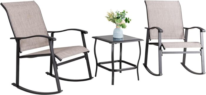 Vongrasig 3 Piece Outdoor Rocking Bistro Set, Textilene Fabric Small Patio Furniture Set, Front Porch Rocker Chairs Conversation Set with Glass Table for Lawn, Garden, Balcony, Poolside (Taupe)