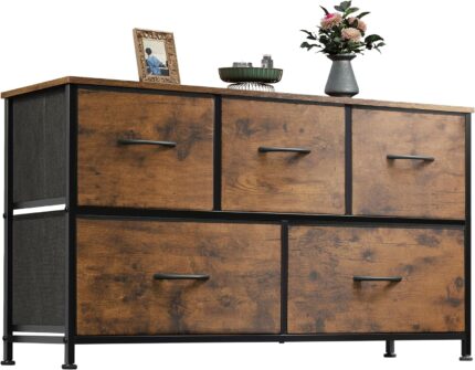 WLIVE Dresser for Bedroom with 5 Drawers, Wide Chest of Drawers, Fabric Dresser, Storage Organizer Unit with Fabric Bins for Closet, Living Room, Hallway, Rustic Brown Wood Grain Print