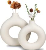 White Ceramic Vase, Modern Vase for Minimalist Decor, Hollow Round Matte Pampas Flower Vases for Boho Home Wedding Party Room Dinner Table Shelf Decor (2pcs)