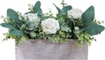 Winlyn 11.3" L Rustic Farmhouse Floral Arrangement Centerpiece Faux Eucalyptus and Champagne Roses in Whitewashed Wooden Rectangular Planter Box Greenery Potted Plant Wedding Dining Table Décor