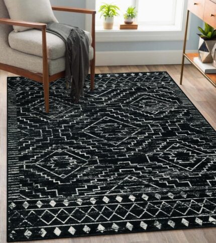 Wonnitar Moroccan Washable Rug 4x6,Black Boho Living Room Area Rug,Non-Slip Farmhouse Bedroom Carpet Dorm Room Throw Rug,Non-Shedding Low Pile Soft Accent Mat for Kitchen Entry Office