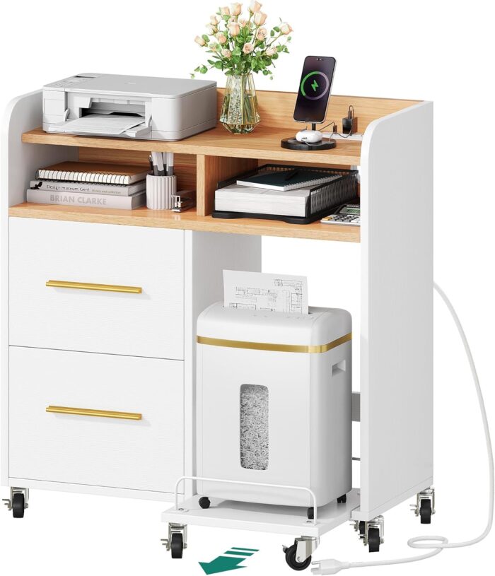 YITAHOME File Cabinet with Charging Station, Printer Table Cabinet for Home Office, Printer Stand Cart, Fits A4, Letter, Legal Size Files, Office Furniture, White