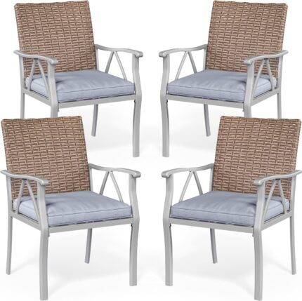 YITAHOME Patio Chairs Set of 4, Outdoor Patio Furniture Dining Chairs, All-Weather Rattan Conversation Chairs with Soft Cushions for Backyard Deck (Gray)