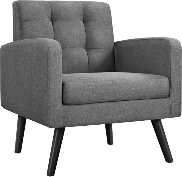 Yaheetech Modern Living Room Chair, Mid-Century Armchair Button Tufted Back and Wood Legs, Vintage Lounge Chair for Bedroom/Home Office/Study, Gray