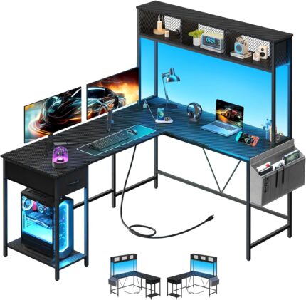 Yoobure L Shaped Desk Gaming Desk with LED Strip & Power Outlet, Reversible L-Shaped Computer Desk with Drawer, Corner Desk with Storage Shelf, 2 Person Home Office Desk, Carbon Fiber Black