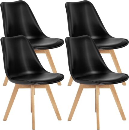 edx Dining Chairs Set of 4, Mid Century Modern Black Dining Room Kitchen Chairs with PU Leather Cushion and Wood Legs for Home, Living Room, Bedroom, Lounge