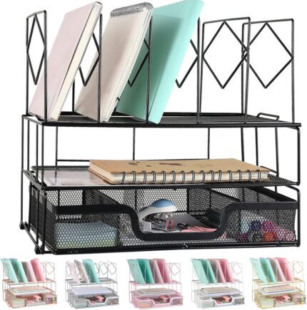 gianotter Desk Organizers and Accessories, Office Supplies Desk Organizer with Sliding Drawer, Double Tray and 5 Upright Sections (Black)